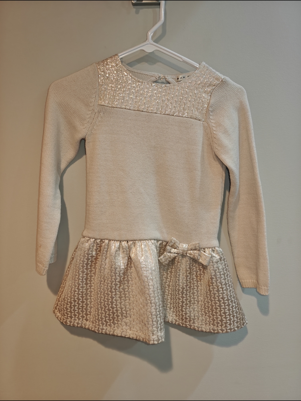 Max Studio Cream Knit Top with Metallic Jacquard Peplum